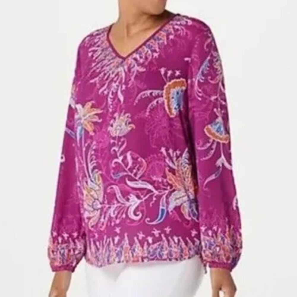 Bob Mackie Fuchsia Floral Top Womens Medium Multicolor Sheer Woven Art to Wear
